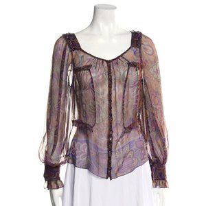 BLUMARINE Y2K Silk Sheer Paisley Chiffon Ruffle Detail Blouse XS S